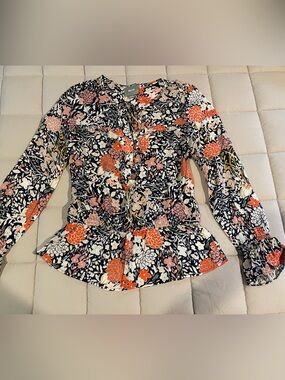 Maeve Navy Floral Tie-Front Peplum Top with Coral & Blush Accents